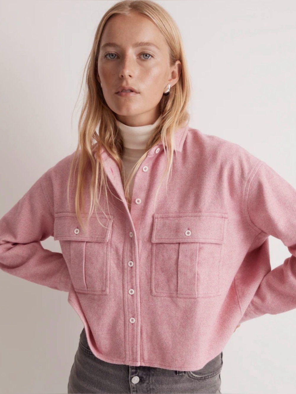 Madewell Flannel Cargo Cropped Button-Up Shirt Pink XL